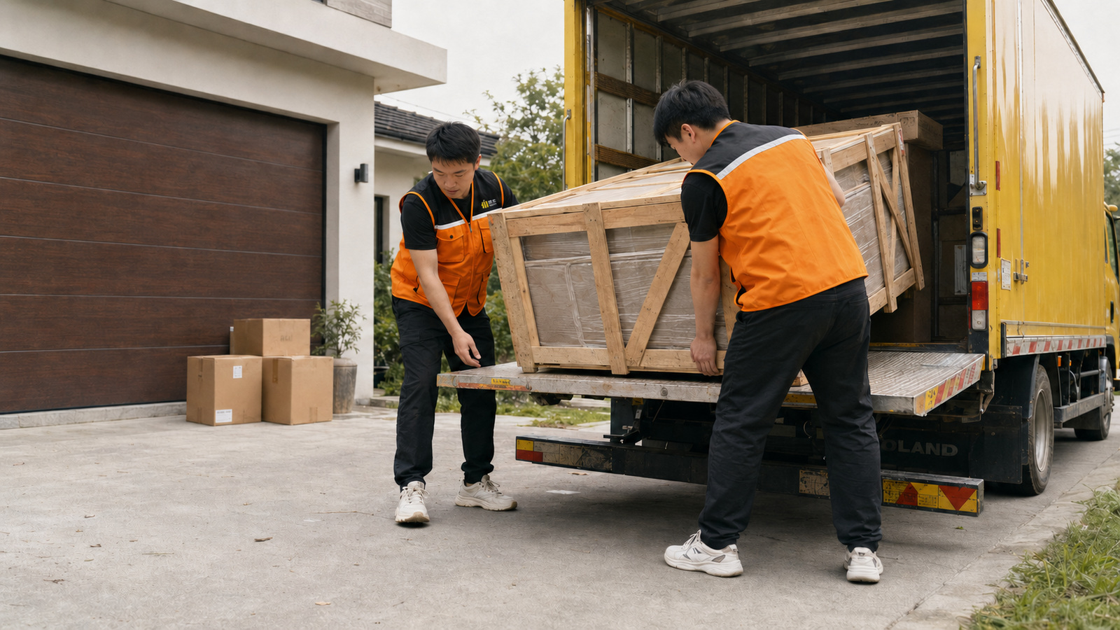 君丰超大件工作人员在海外住宅外搬运木架加固家具