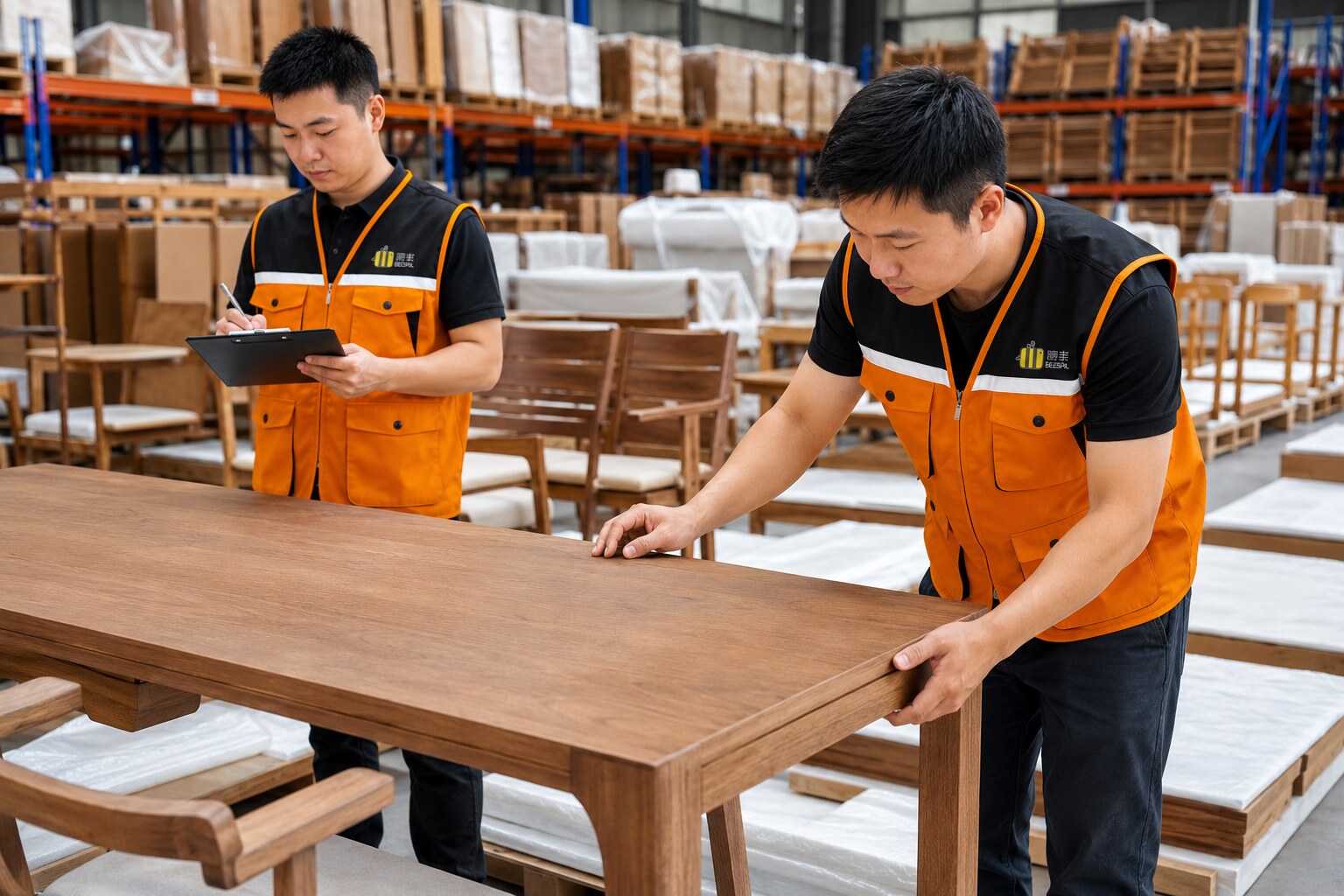 君丰工作人员在国内仓库对批量家具进行集货验货