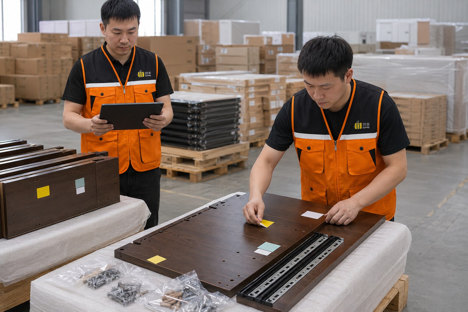 君丰工作人员为家具订单拍照编号并分类封装配件