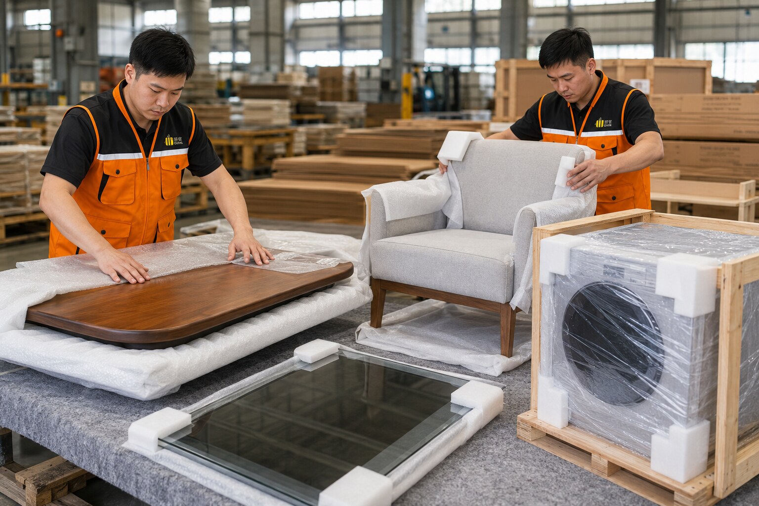 君丰工作人员根据家具材质进行防潮缓冲护角和木架加固