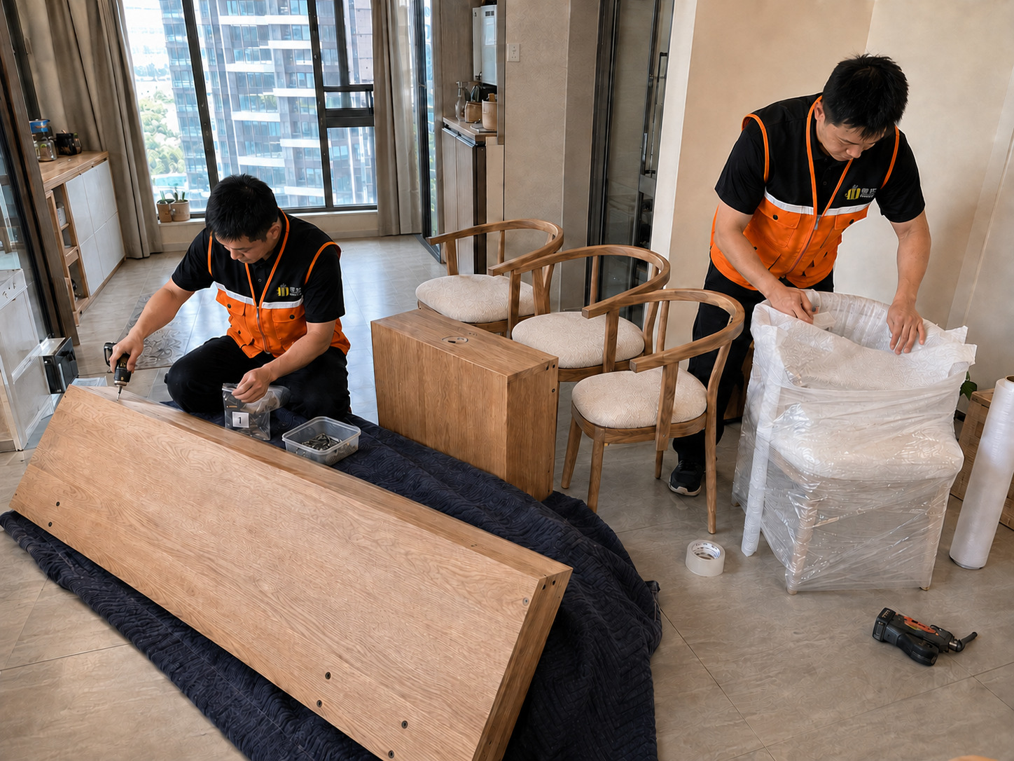 国内住宅内工作人员上门拆卸家具并完成打包保护
