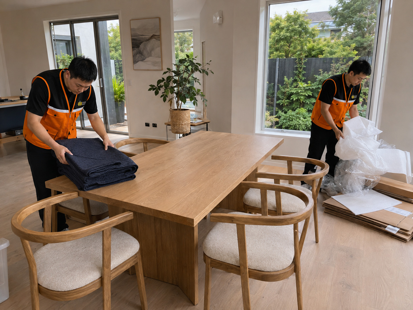 海外住宅内工作人员清理安装后的包装材料