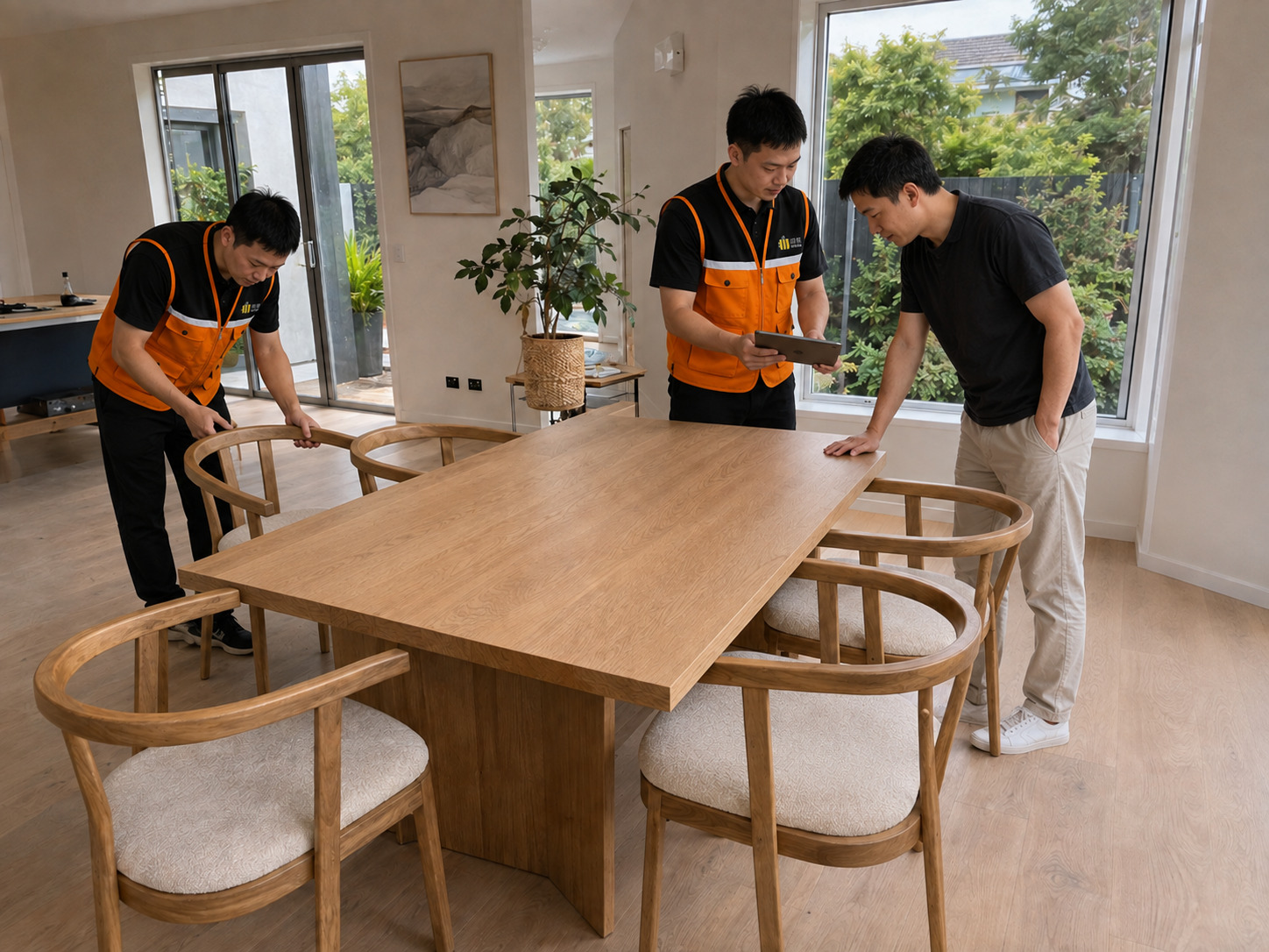 工作人员与客户检查家具并确认签收