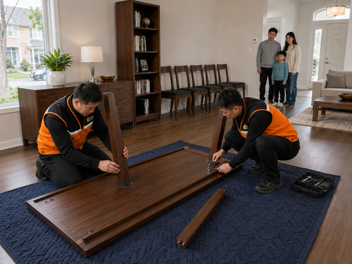 海外住宅内工作人员进行餐桌安装