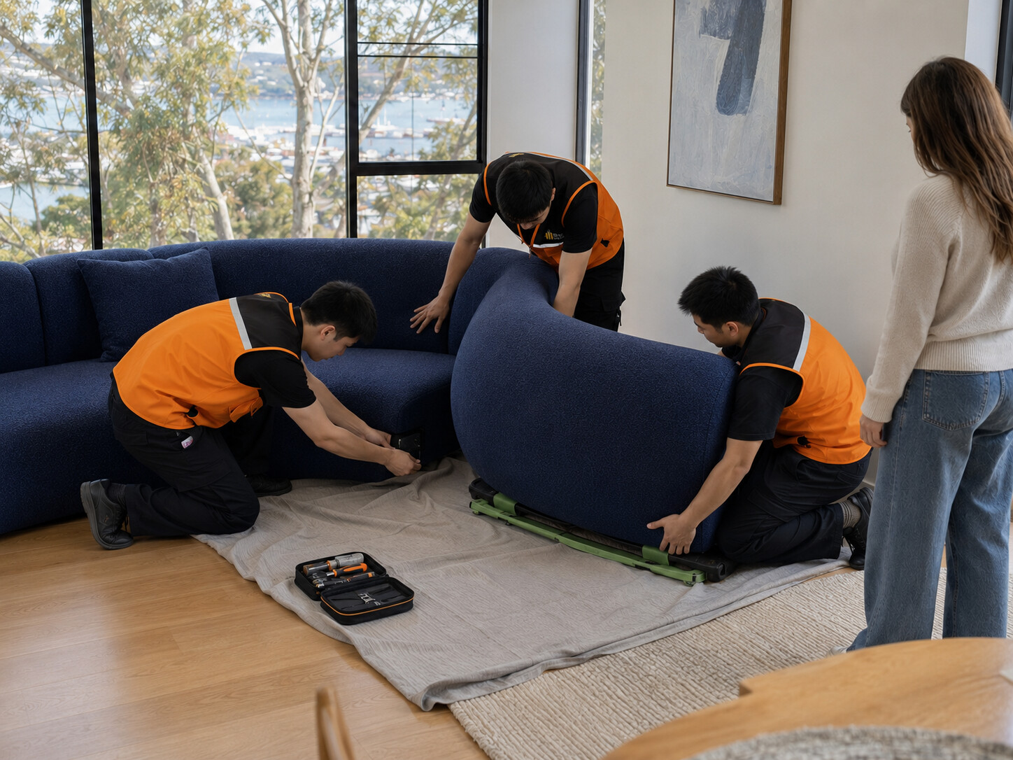 超大组合沙发搬入客厅后进行组合安装