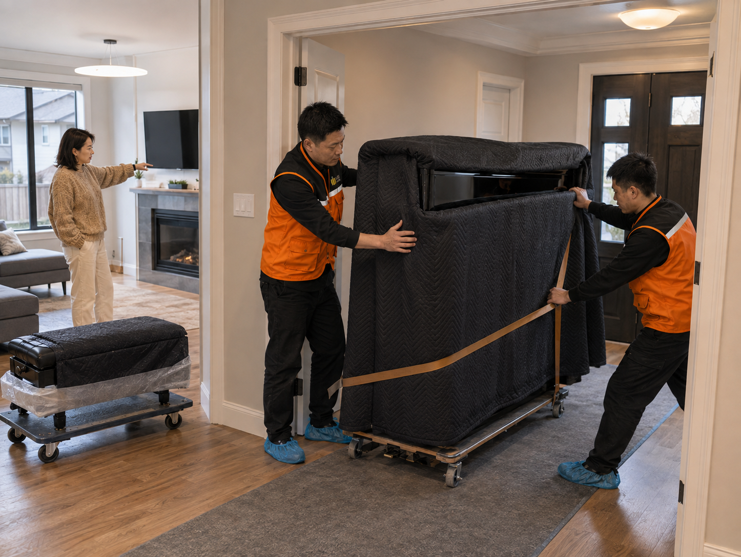 海外住宅内工作人员使用钢琴专用搬运车完成入户搬运