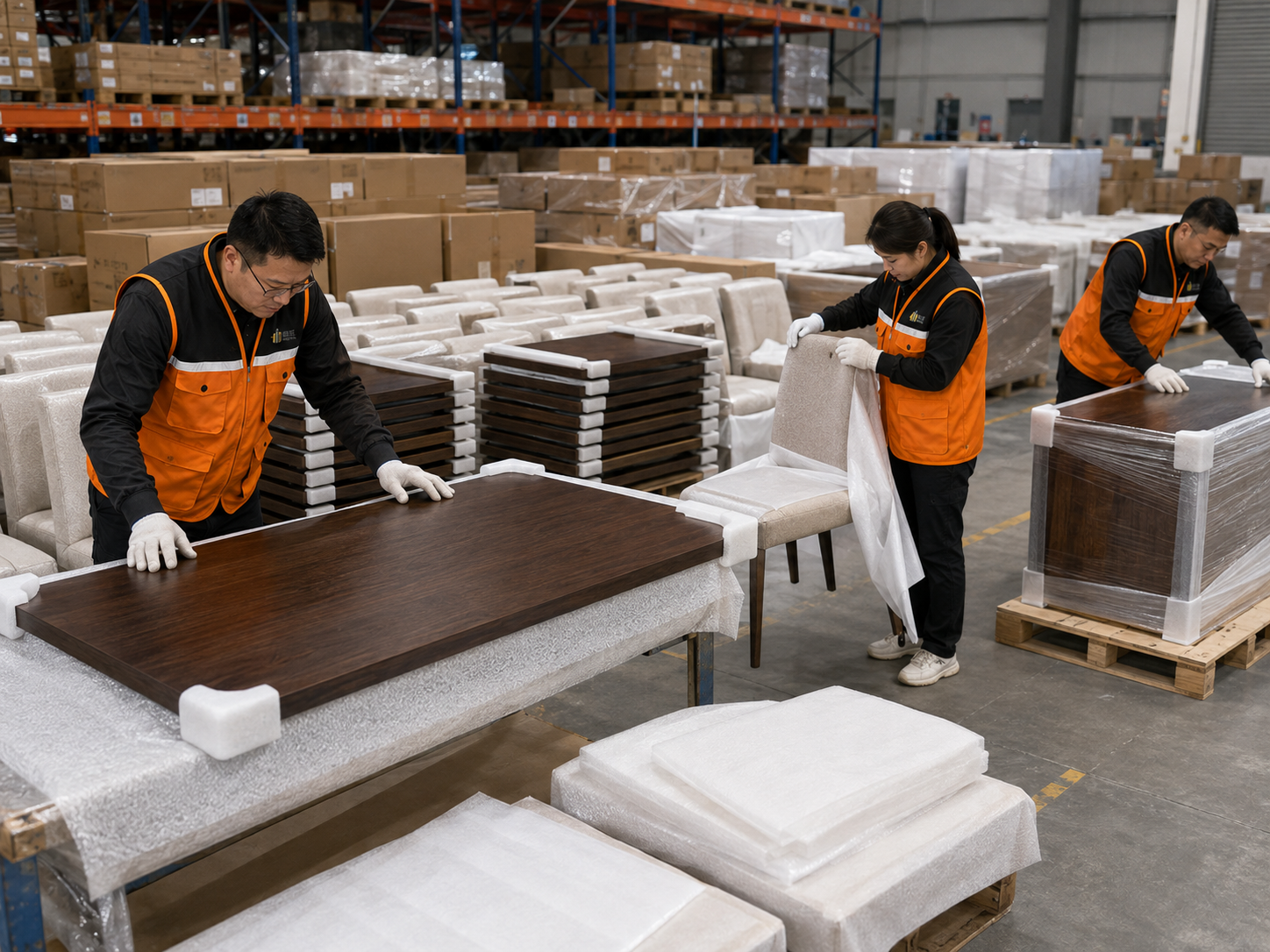 国内仓库内工作人员完成批量家具验货与分层包装