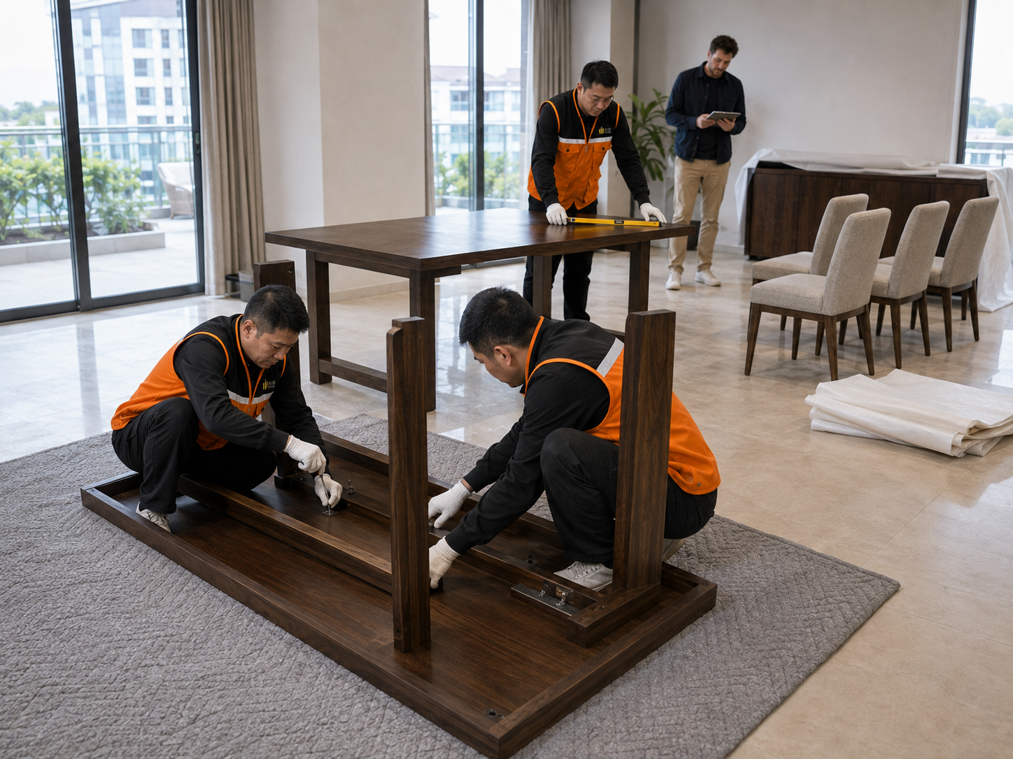 海外项目现场工作人员组装家具