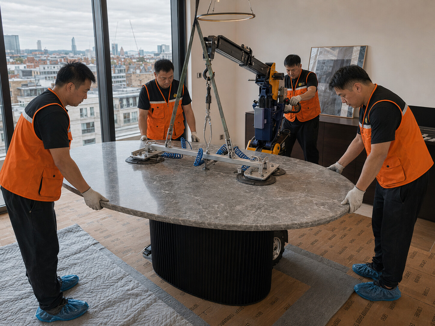 工作人员在海外住宅组装石材餐桌