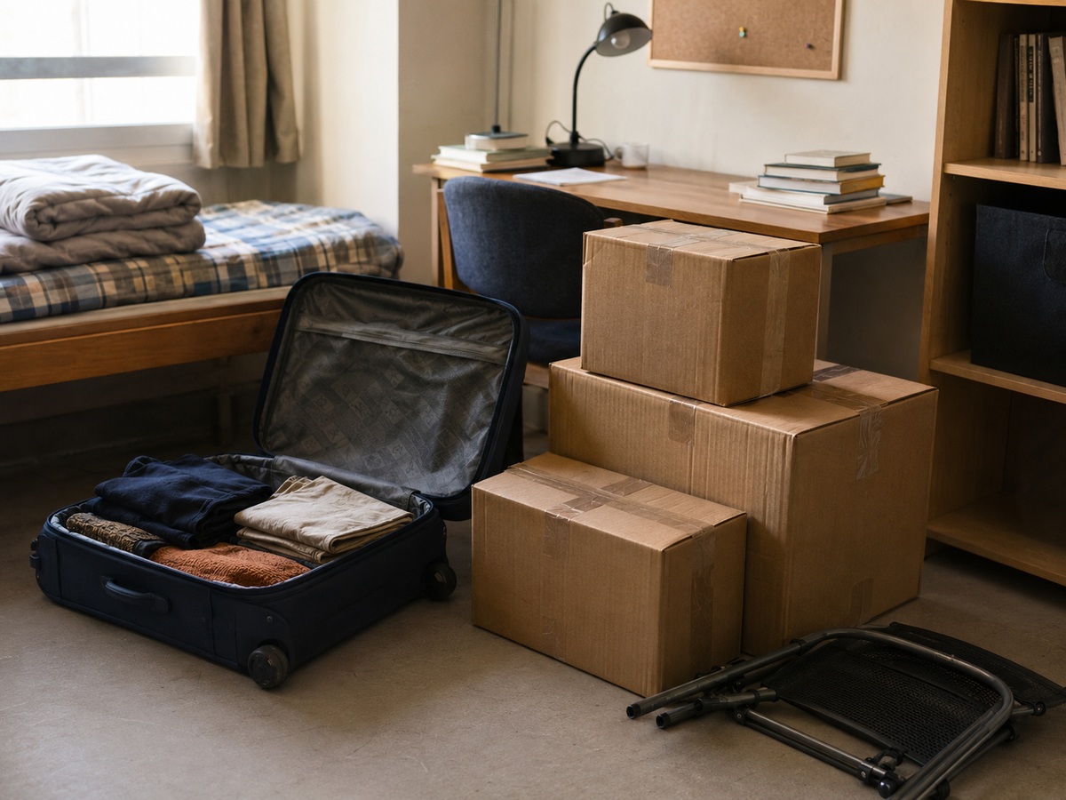 留学生居住空间内整理大件物品和行李